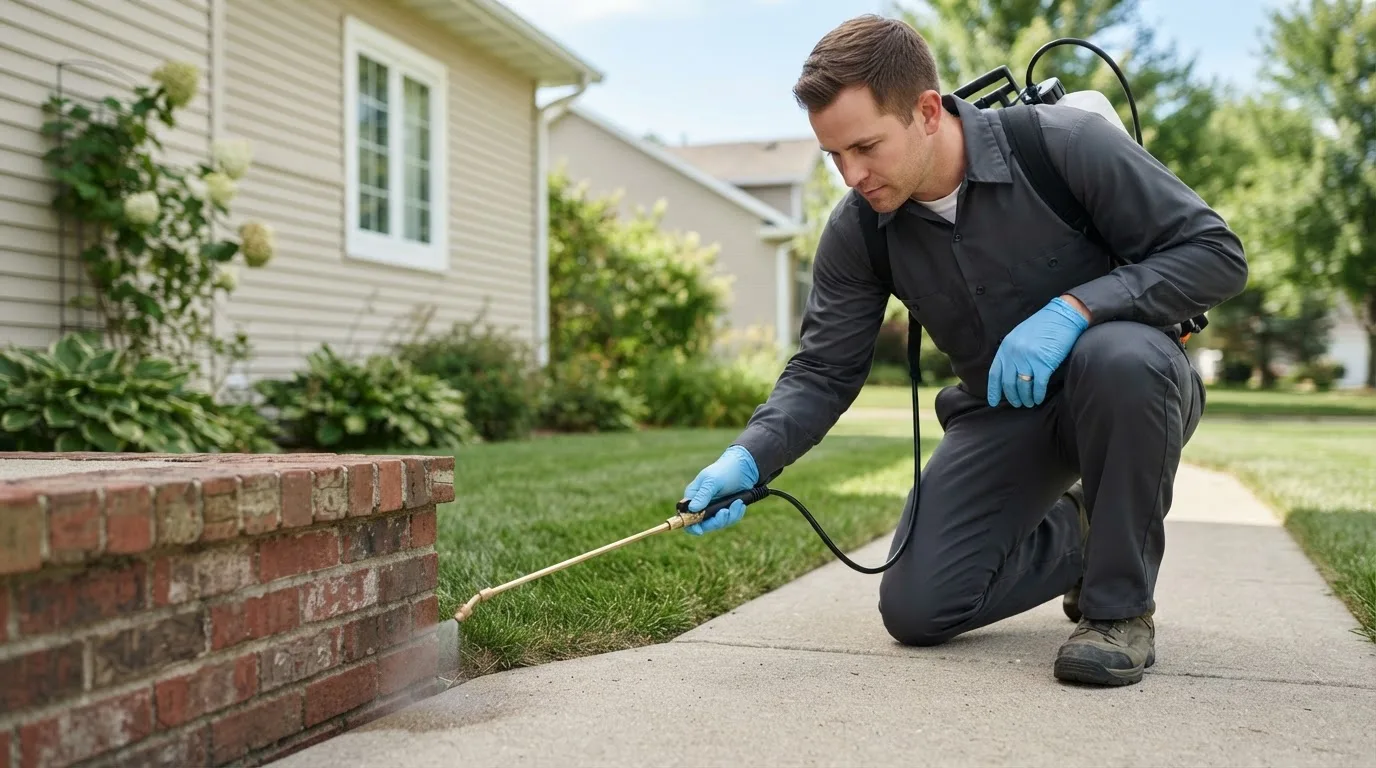 Pest control technician treating a home near Thomaston, CT